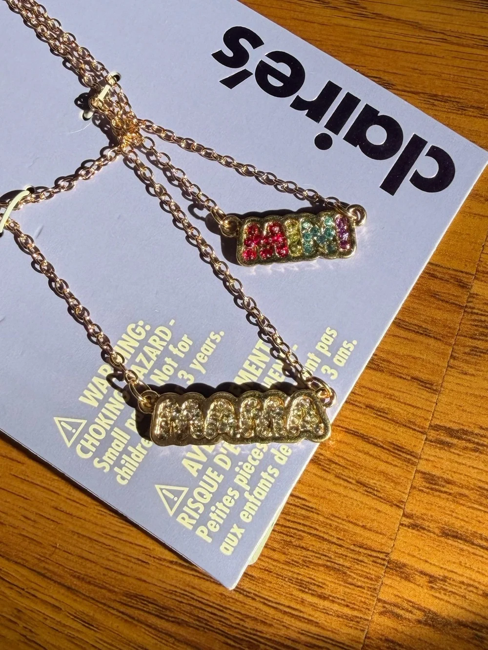 NWT-Claire's Gold Tone Mama and mini Rhinestone Bar Necklace Set